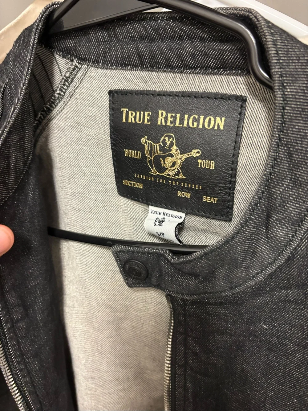 True Religion Black Denim Bomber Jacket with Quilted Sleeves